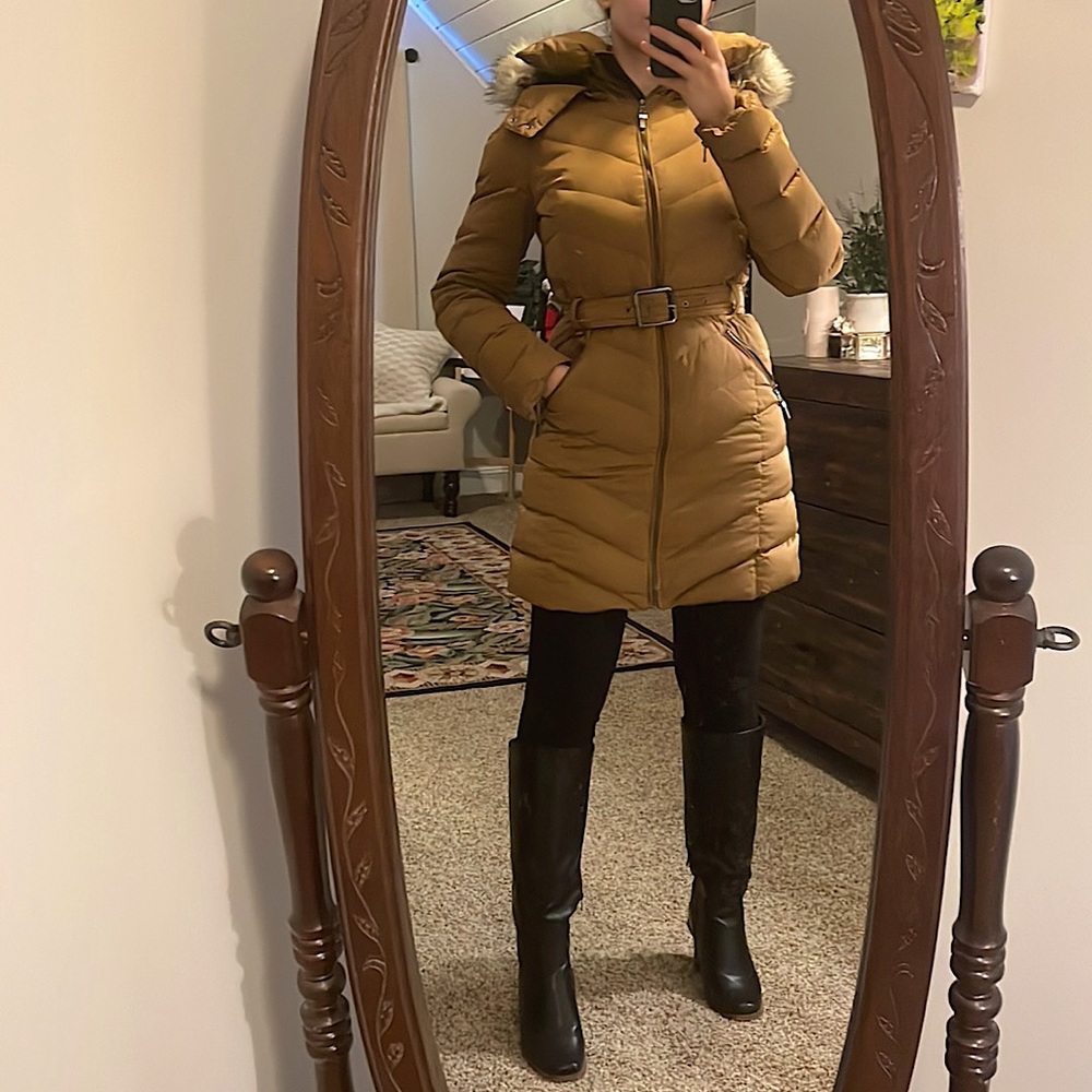 Zara down puffer coat - mustard yellow / gold - small